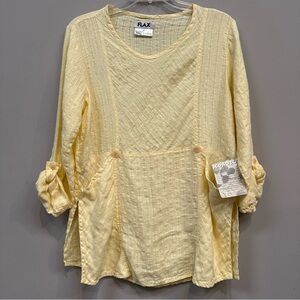 FLAX Linen Blouse Top Tunic Women Small Roll Tab Sleeve Relaxed Oversize Yellow